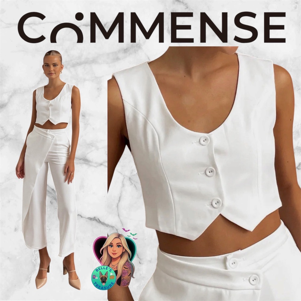 Commense White Cropped Vest‎ Top Button Up Shirt Sleeveless XL NEW Minimalist